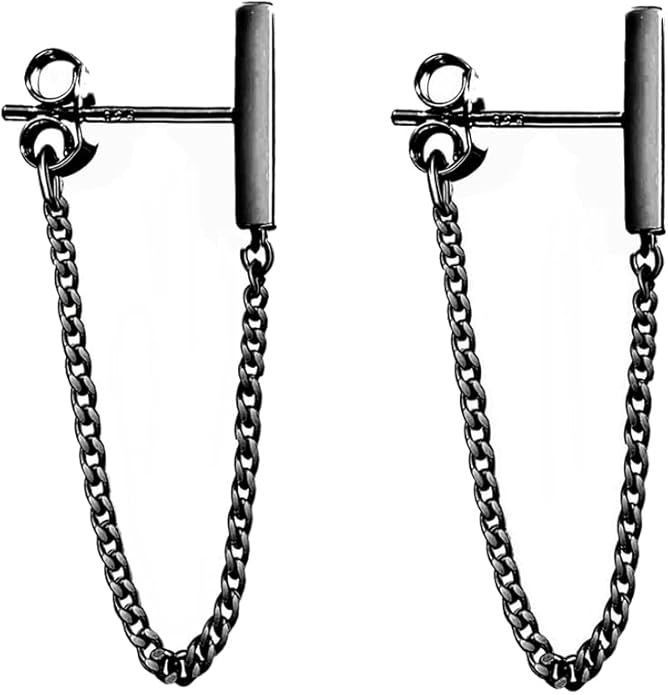 Reffeer Solid 925 Sterling Silver Stud Earrings Minimalist Bar Earrings with Chain Dangle Earrings For Women