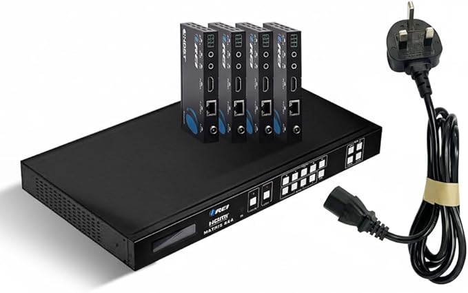 OREI Professional 4K 4x4 HDMI Extender Matrix - HDBaseT UltraHD 4K @ 60Hz 4:2:0 Over Single CAT5e/6/7 Cable with HDR Switcher & IR Control, RS-232 - Up to 230 Ft - Loop Out - 4 Receivers Included