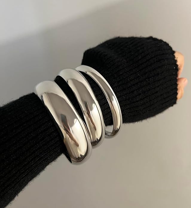 Chunky Gold Bangle Bracelets for Women, Dainty 14k Gold Plated Big Stackable Bangles Set, Trendy Cuff Bracelet Stack Fashion Jewelry Gifts
