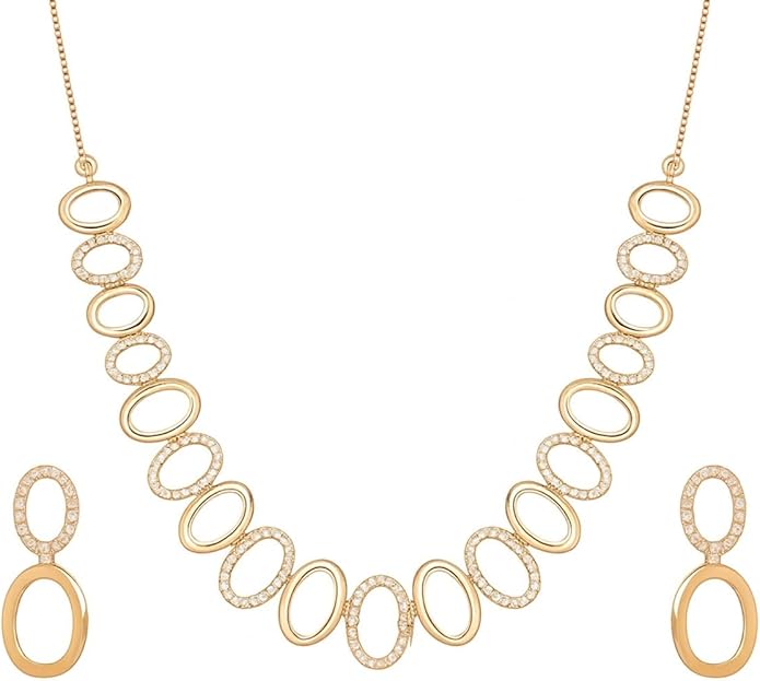 Nilu's Collection American Diamond Stone Studded | Rose Gold/Silver Plated | Anti Tarnish Jewellery Set for Women | Matching Earrings Perfect for Weddings and Special Occasions