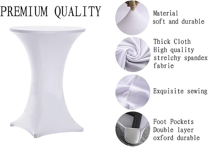 Tina's 4 Pack 36x43 Inch Highboy Spandex Cocktail Table Covers, White, Fitted Stretch Cocktail Table Tablecloth for Round Tables