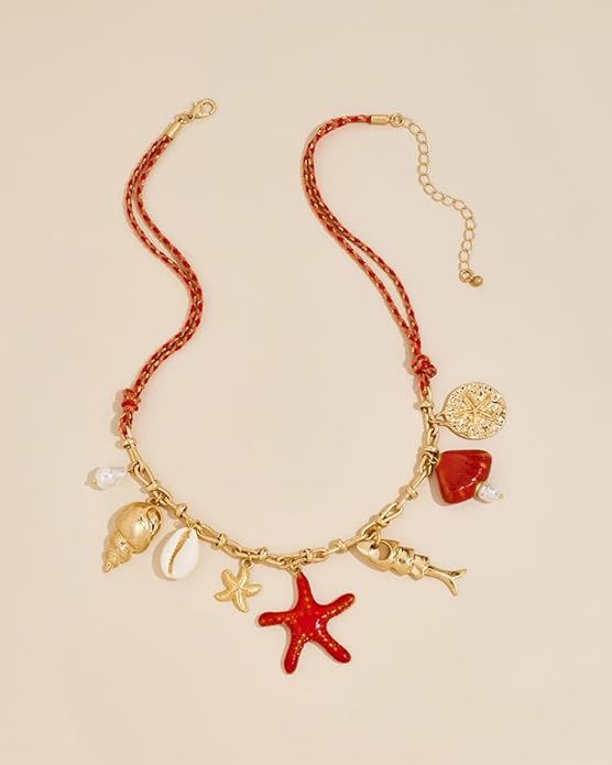 Shell Starfish Charm Necklace For Women Boho Ocean Themed Necklaces for Women, Layered & Charm Pendant Necklaces Summer Beach Jewelry