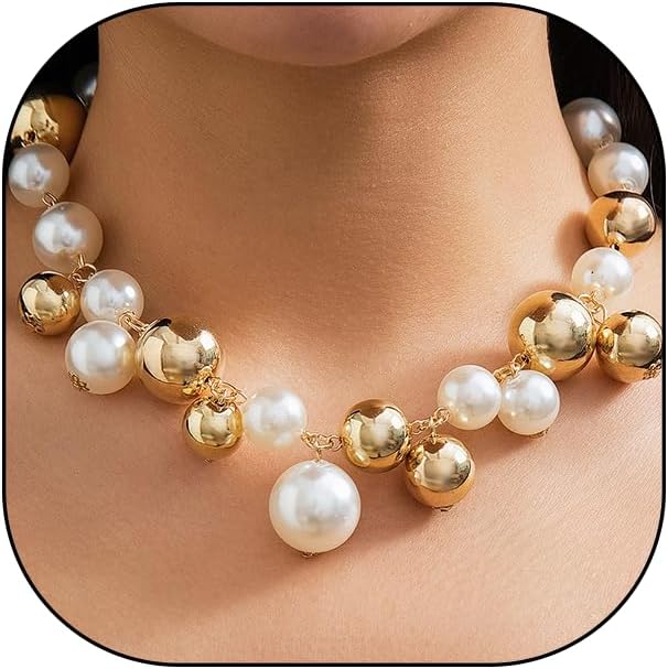 Chunky Pearls Statement Choker Necklace for Women,14K Gold Large Beaded Punk Ball Cluster Collar Necklace Party Dainty Jewelry Gift