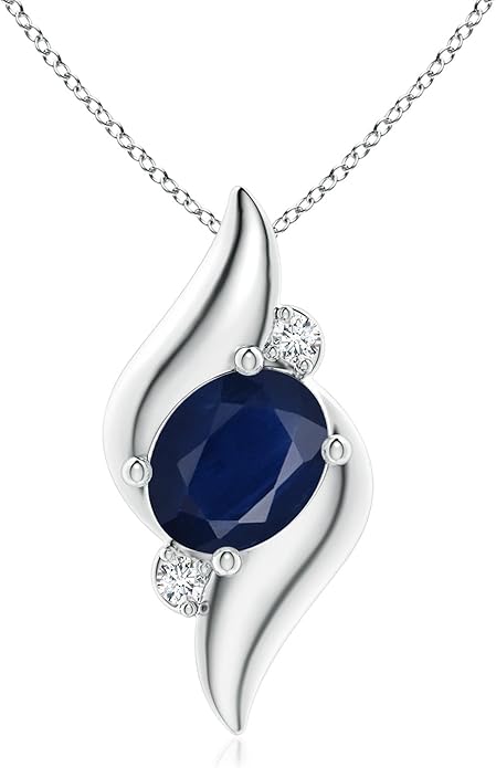 Angara Natural Blue Sapphire Pendant for Women | Shell Style Oval Sapphire and Diamond Pendant in 14K Solid Gold/Silver/Platinum With 18" Chain | September Birthday, Gemstone Jewelry Gift