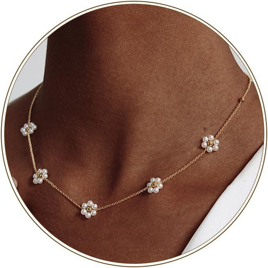 Gold Jewelry Set for Women - Dainty 14K Gold Plated Pearl Necklace and Earring Set with Drop Earrings, Bracelets, Choker Necklace - Wedding Jewelry Gift