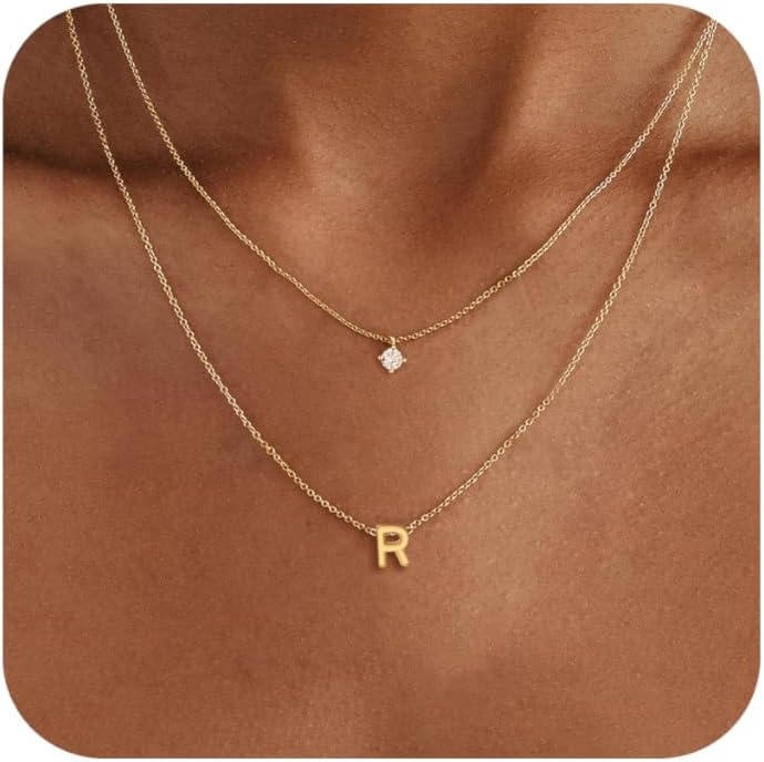 Layered Initial Necklaces for Women, 14k Gold Plated Letter Necklace Set Dainty Gold Initial Necklace Stack Cute Layering Choker Necklaces for Women Trendy Fashion Jewelry