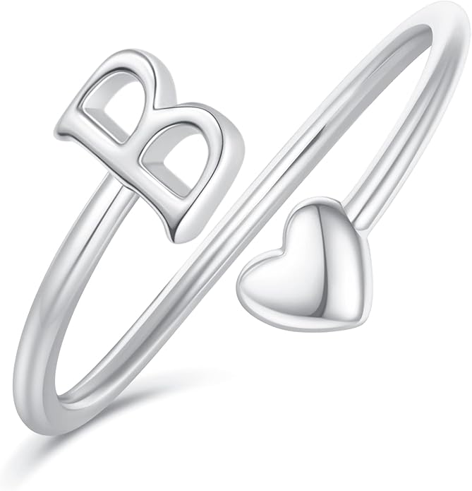 Initial Rings for Women Girls - Valentines Day Gifts for Her, Adjustable Rings for Women Non Tarnish Letter A-Z Dainty Heart Ring Teen Girls Gifts Trendy Stuff Personalized Jewelry Gift