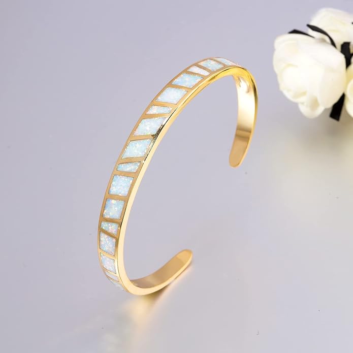 CiNily Womens Cuff Bracelet,Opal Bangle Bracelets Gold Plated Hypoallergenic Ladies Gemstone Open Cuff Bangle Bracelet
