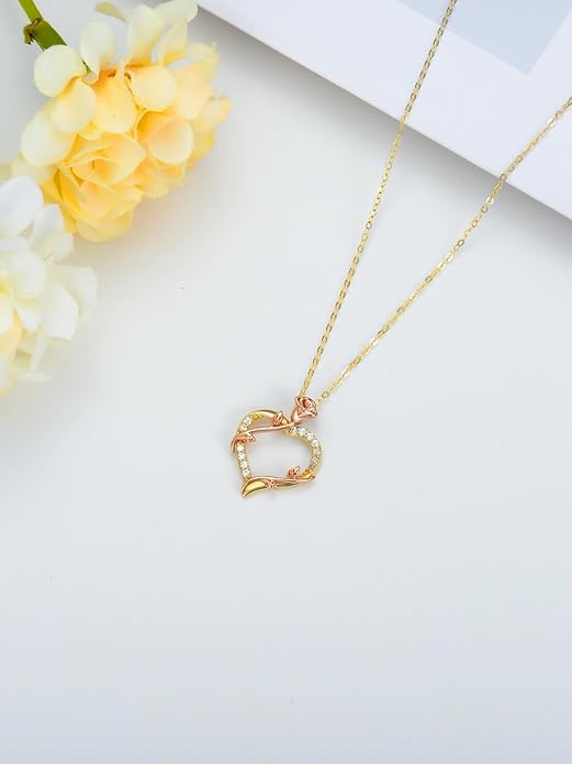 14K Solid Gold Rose Flower/Sunflower Necklaces for Women Flower Heart Pendant Necklace Love Sunshine Jewelry Anniversary Valentine's Day Birthday GiftS for Women Wife Girlfriend Her Mom