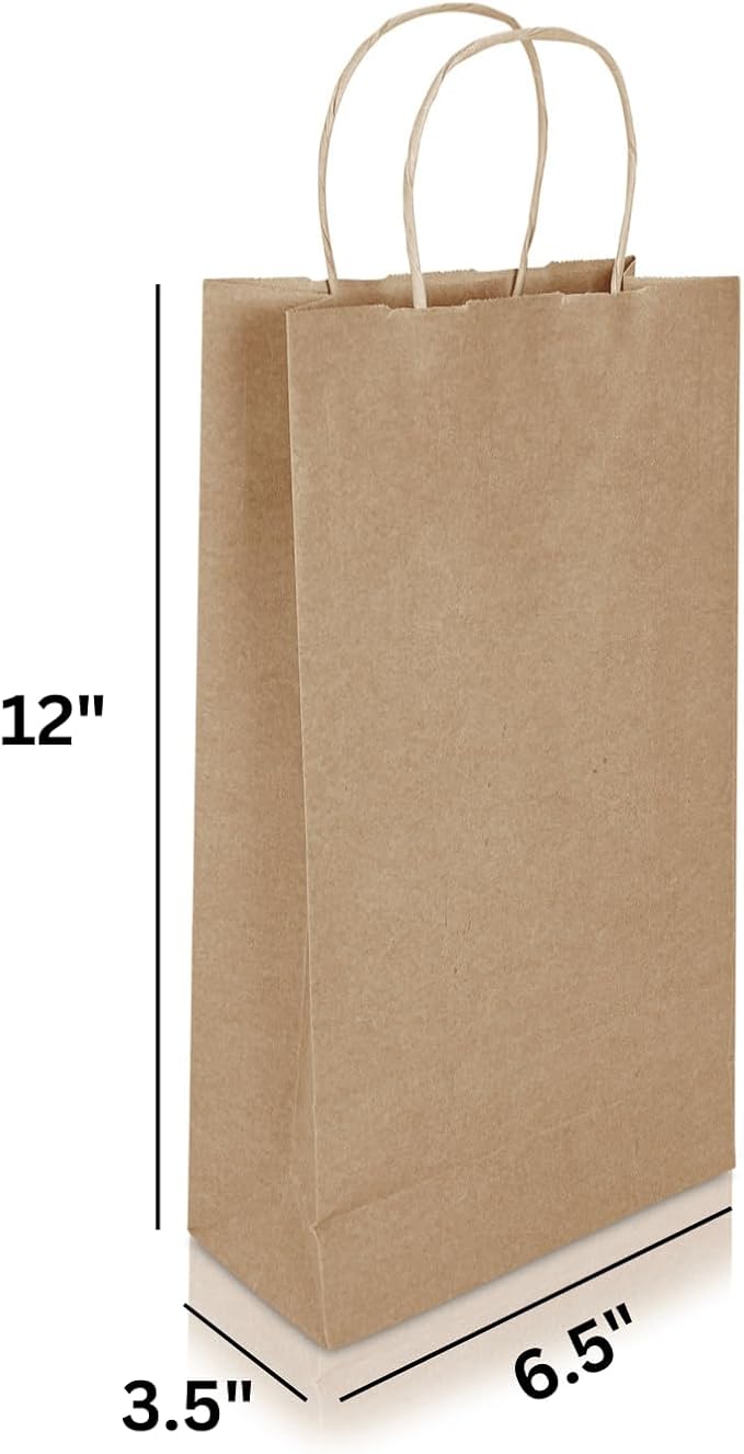 Jet Paper Bags - 250 Pack 6.5x3.5x12 Inch Medium Plain Brown Kraft Paper Bags with Handles Bulk, Gift Wrap Bags for Favors Grocery Retail Party Birthday Shopping Business Goody Craft Merchandise Take Out Sacks
