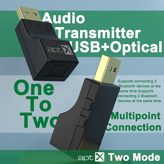 USB Optical Wireless Bluetooth Transmitter 2 in 1 Audio Transmitter Adapter Low Lantency APTX aptX-Adaptive/HD/LL Multi-Point HiFi Wireless Adapter for PS4/3 Xbox TV PC