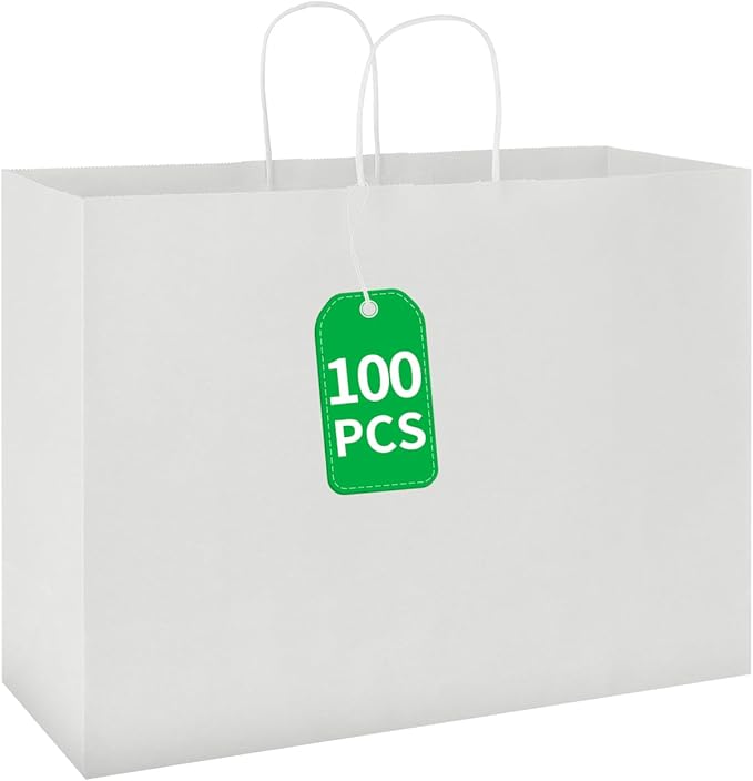 bagmad 100 Pack 16x6x12 Inches Large White Kraft Paper Bags with Handles Bulk for Shopping Wedding Grocery Retail Merchandise Business Craft Gift Bags(100 Count)