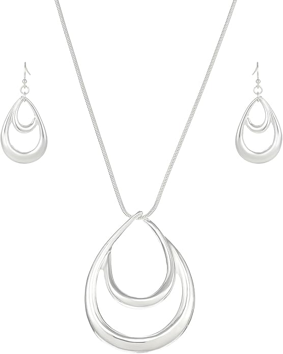 Madison Tyler Gold Plated Jewelry Set for Women | Silver Teardrop Pendant Necklace Trendy | Long Necklace with Snake Chain | Fashion Dangle Earring Set