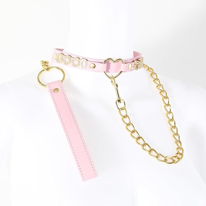 Succuba Handmade Heart Ring Rhinestone Letter Pu Leather Choker Collar Necklace for Women and Men