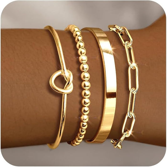 Gold Bracelets for Women 18k Gold Plated Bracelet Stack Bangle Cuff Bracelet Set for Women Non Tarnish Beaded/Paperclip/Cuban Link Chain Bracelets Jewelry for Women Trendy