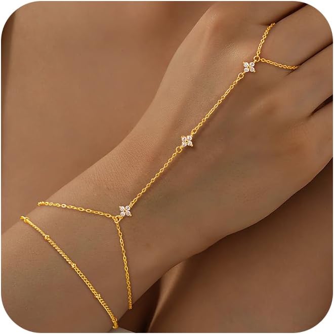 Valentine Gift 14K Gold Plated Hand Chain Bracelet for Women Trendy, 2 Pcs Stackable Gold/Silver Finger Ring Bracelet Hand Chain Dainty Non Tarnish Waterproof Set Jewelry Adjustable 7'+2