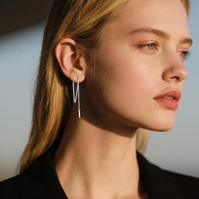 SLUYNZ Solid 925 Sterling Silver Bar Dangle Earrings for Women Minimalist Dangle Earrings Threader Chain