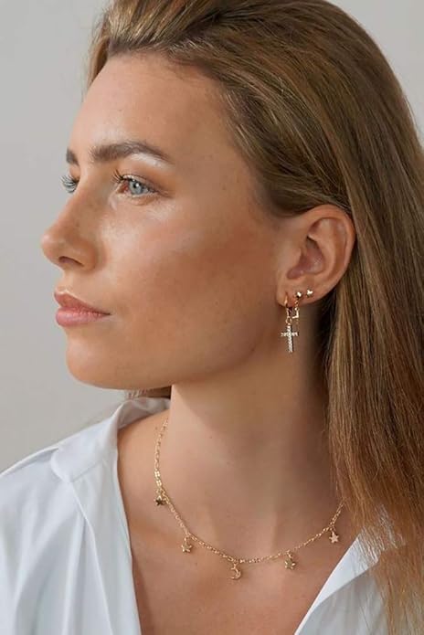 XYJZXY Gold Huggie Small Hoop Earrings with Charm Personalized Snake/Evil Eye/Star/Cross/Lock/Key 18k Gold Plated Crystal Drop Dangle Earrings for Women
