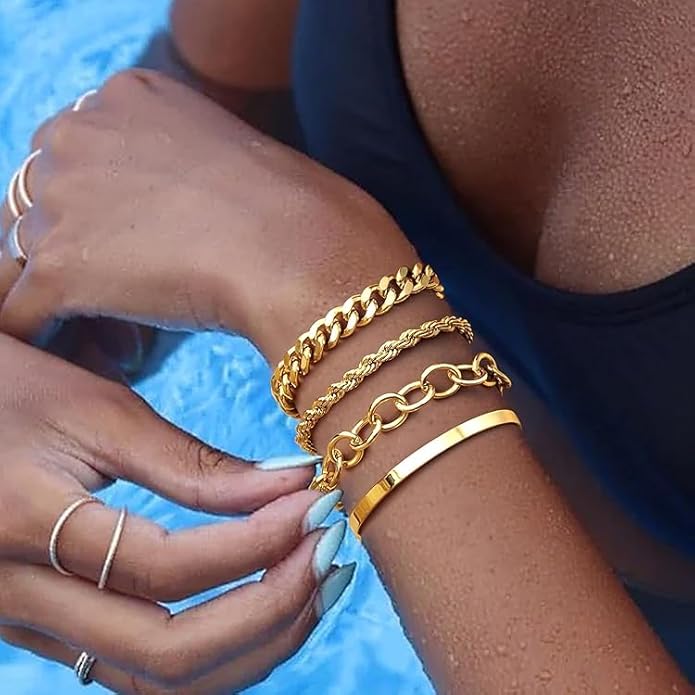 Chunky Gold Bracelets Stack for Women Non Tarnish, Waterproof 14K Gold Plated Bangle Cuff Bracelets Set for Women Trendy Thick Layered Cuban Link Chain Paperclip Rope Stackable Bracelet for Jewelry Gifts