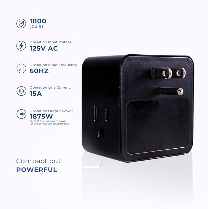 Clamper 3-Outlet Surge Protector 1800 Joules, 1875W, for TV, PC, Xbox, PS5, Refrigerators and Other Appliances (Compact Wall Surge Protector), iCLAMPER Power 3, 1-Pack Black