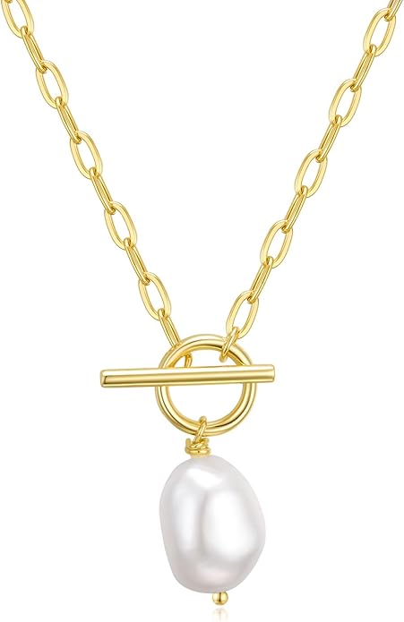 Baroque Pearl Pendant Necklaces for Women, 14K Gold Sliver Plated Adjustable Chain Toggle Clasp Necklace Women Anniversary Jewelry for Mothers Day Christmas Birthday Valentine's Day Gifts (14k Gold)