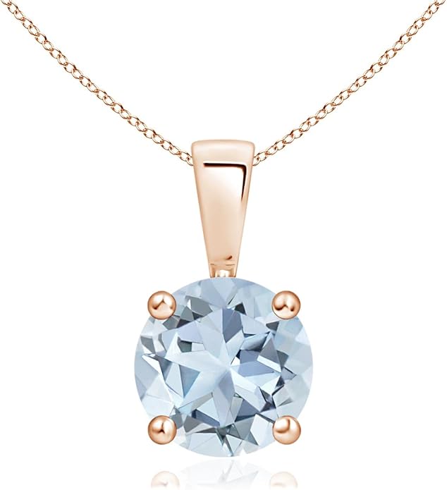 Angara Natural Aquamarine Solitaire Pendant for Women | Round Aquamarine Solitaire Pendant Necklace in 14K Solid Gold/Silver/Platinum With 18" Chain | March Birthday, Gemstone Jewelry Gift