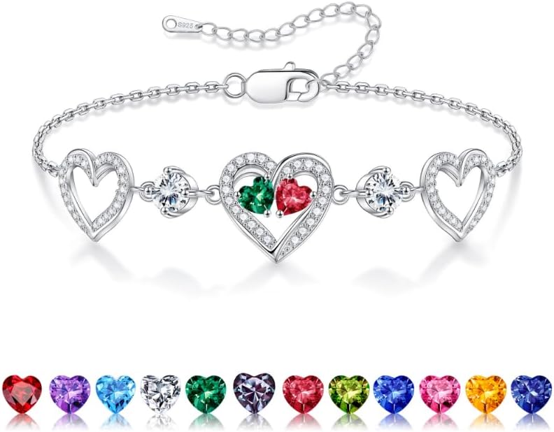 Iefil Valentines Day Gifts for Her - 925 Sterling Silver Heart Birthstone Bracelet Birthday Anniversary Jewelry Gifts for Her Wife