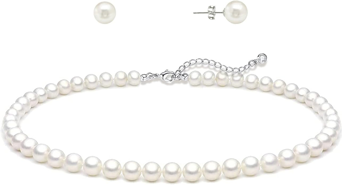 Zeffy Gold Pearl Necklace for Women, Dainty 14K Gold/Silve Plated Layered Pearl Choker Pearl Earrings Pearl Bracelets Wedding Trendy Gold Jewelry Set for Women Gifts