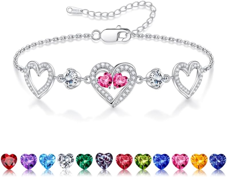 Iefil Valentines Day Gifts for Her - 925 Sterling Silver Heart Birthstone Bracelet Birthday Anniversary Jewelry Gifts for Her Wife