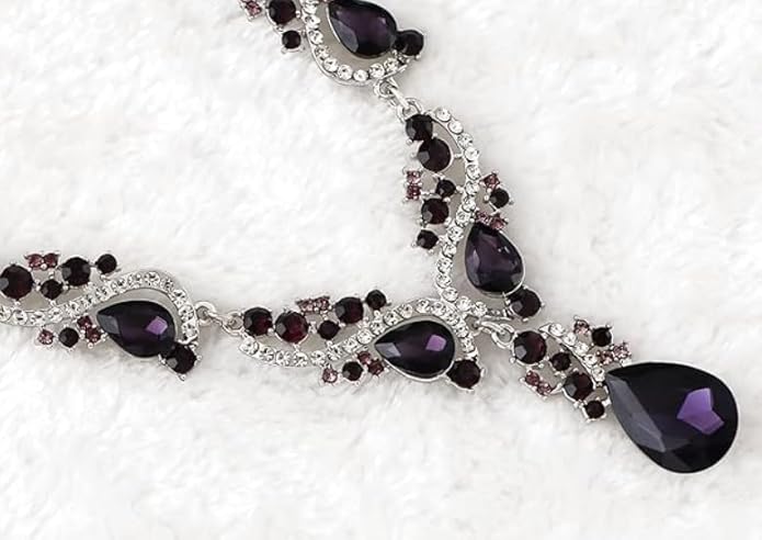 Secret for Longevity Silver Tone Antique Style Art Deco Dark Purple Eggplant Amethyst Rhinestone Statement Wedding Bridal Prom Chunky Statement Earrings Necklace Gift Set