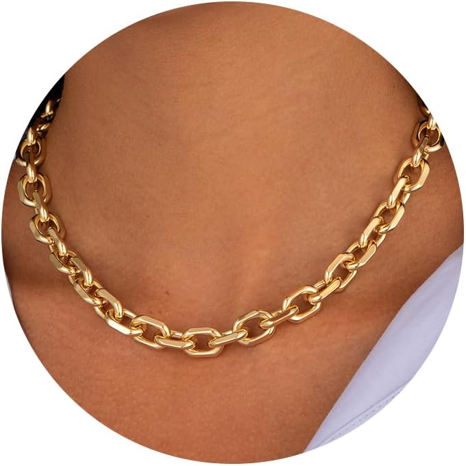 Gold Necklace for Women - Chunky 14K Gold Plated Chain Necklace Cuban Link Paperclip Chain Herringbone Statement Choker Necklace for Women Simple Trendy Jewelry Gifts