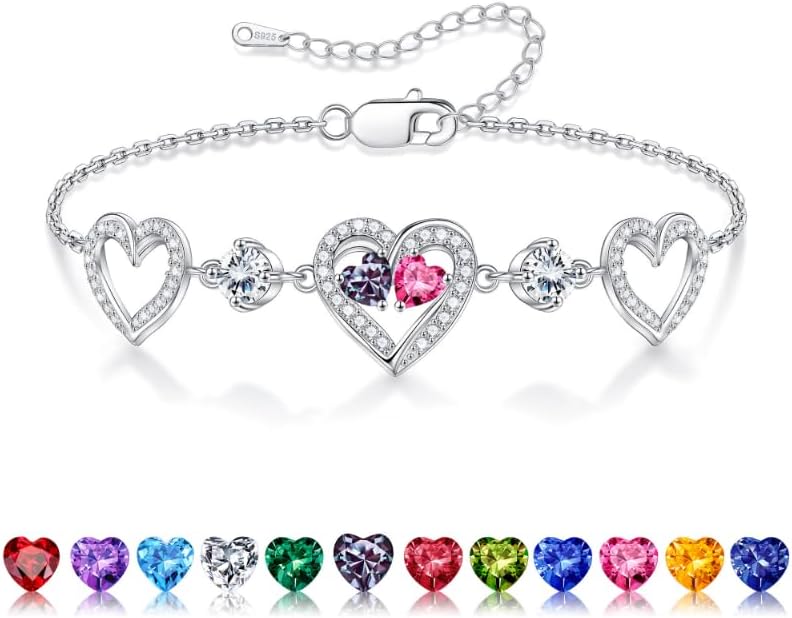 Iefil Valentines Day Gifts for Her - 925 Sterling Silver Heart Birthstone Bracelet Birthday Anniversary Jewelry Gifts for Her Wife
