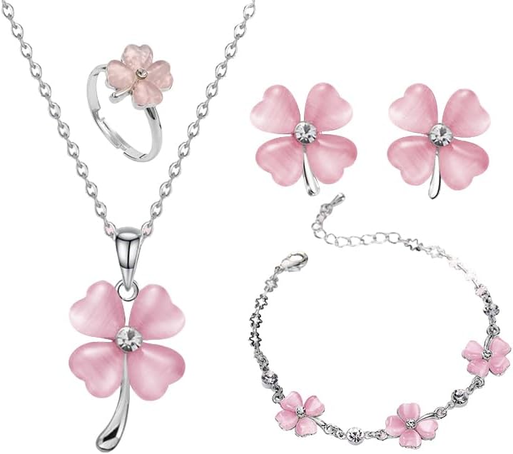 ONLYJUMP Four Leaf Clover Jewelry Set for Women Necklace Bracelet Earrings Ring Set Elegant Lucky Clover Design Cat Eye Stone Perfect Holiday Gift for St. Patrick's Day Valentine's Day Birthdays Daily Wear