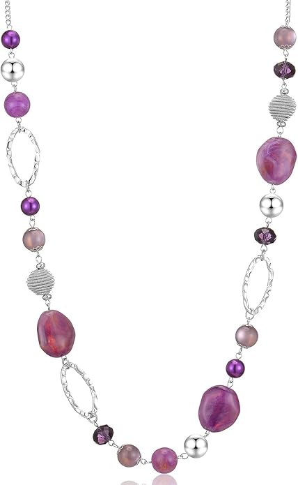BULINLIN Beaded Long Necklace for Women Silver Sweater Chain Necklace with Crystal Resin Beads, Fashion Jewelry Necklace
