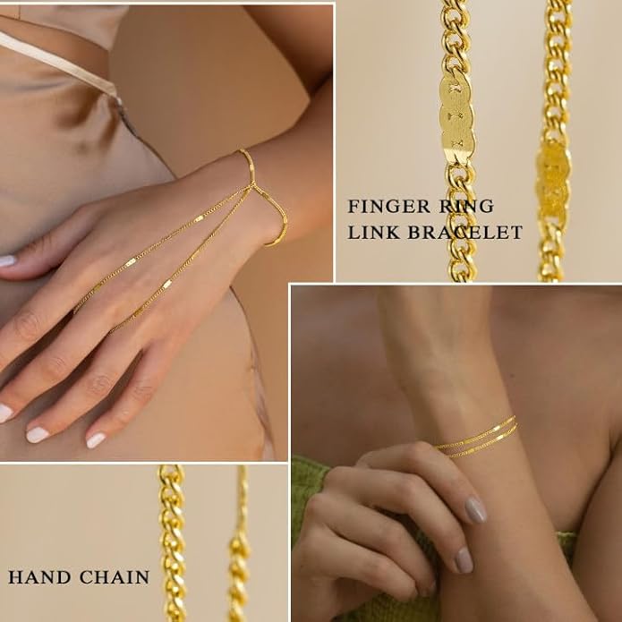 Yoosteel Hand Chain Bracelet for Women - Valentines Gifts Dainty 14K-Gold-Plated Finger Ring Hand Chains Layered Trendy Link Bracelets Jewelry Gift for Women
