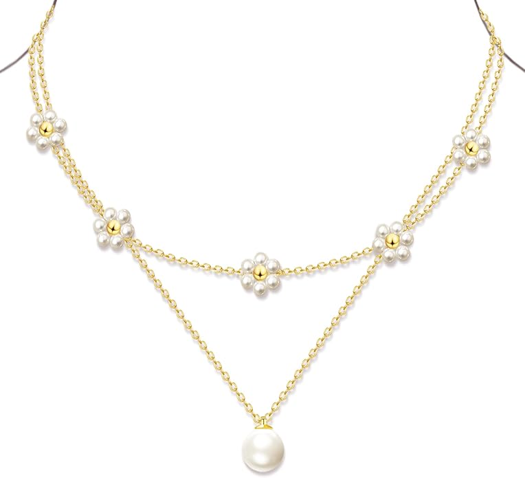 OGD Gold Pearl Necklaces Set for Women 14K Gold Plated Dainty Layered Pearl Cute Daisy Pearl Choker Gold Necklace Gifts for Women Gold Trendy Jewelry Gifts