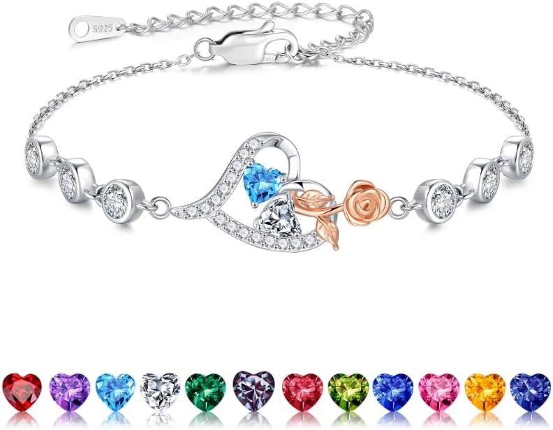 Iefil Valentines Day Gifts for Her - 925 Sterling Silver Rose Heart Birthstone Bracelets, Anniversary Birthday Gifts for Women Wife Mom Daughter, 6"+2"