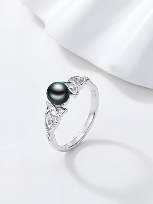 Tahitian Black Pearl AAAA 18K White Gold Plated Sterling Silver Rings for Women Wife Mom Girlfriend Valentine Her Jewelry Gift for Christmas Wedding Anniversary Birthday Graduation