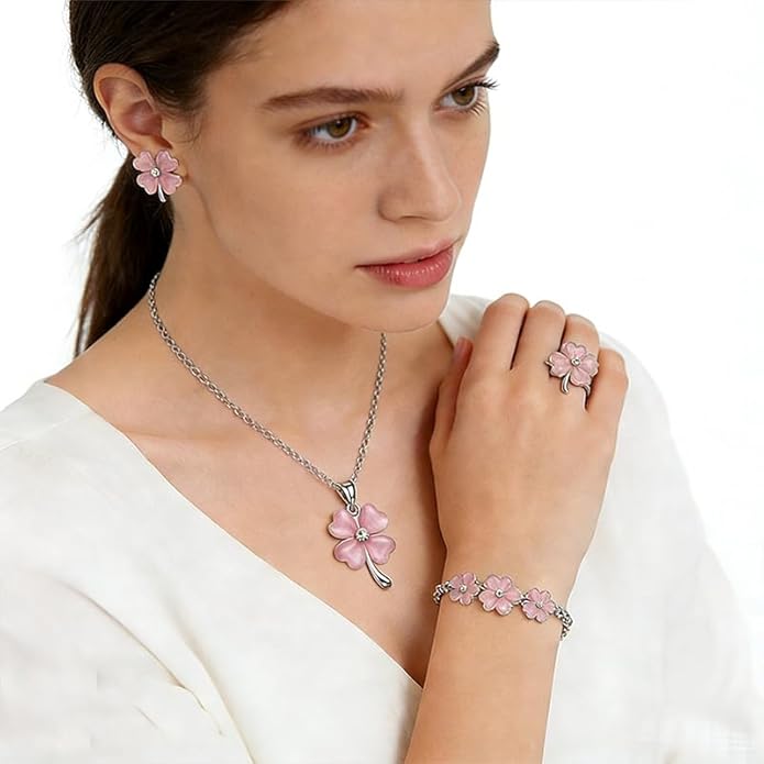 ONLYJUMP Four Leaf Clover Jewelry Set for Women Necklace Bracelet Earrings Ring Set Elegant Lucky Clover Design Cat Eye Stone Perfect Holiday Gift for St. Patrick's Day Valentine's Day Birthdays Daily Wear