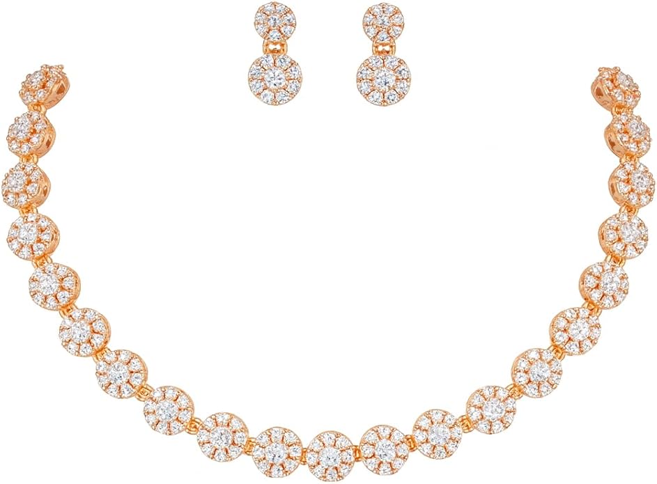Nilu's Collection American Diamond Stone Studded | Rose Gold/Silver Plated | Anti Tarnish Jewellery Set for Women | Matching Earrings Perfect for Weddings and Special Occasions