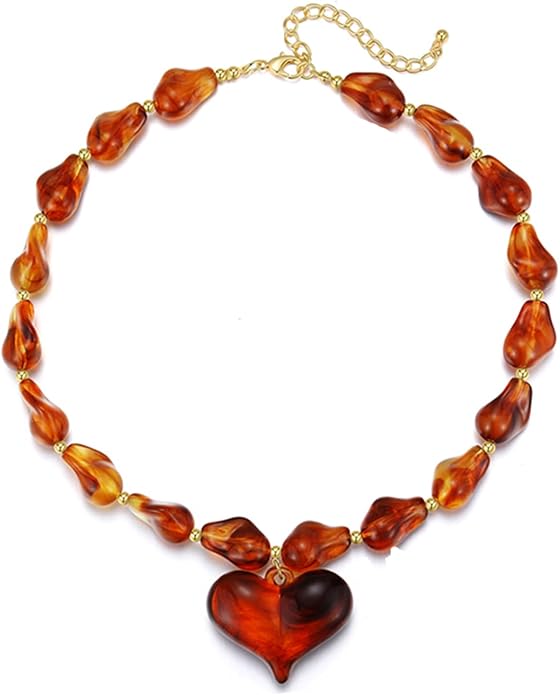 GZQ Chunky Gold Heart Necklace for Women, Acrylic Beaded Chain with Puff Heart Adjustable Clasp, Perfect for Daily Wear Party Date Streetwear Outfits Fashion Jewelry Gift