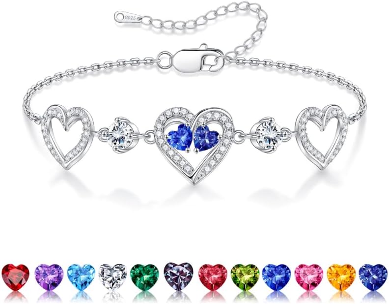 Iefil Valentines Day Gifts for Her - 925 Sterling Silver Heart Birthstone Bracelet Birthday Anniversary Jewelry Gifts for Her Wife
