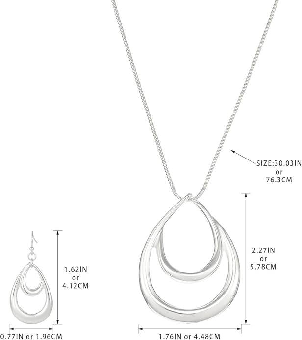 Madison Tyler Gold Plated Jewelry Set for Women | Silver Teardrop Pendant Necklace Trendy | Long Necklace with Snake Chain | Fashion Dangle Earring Set