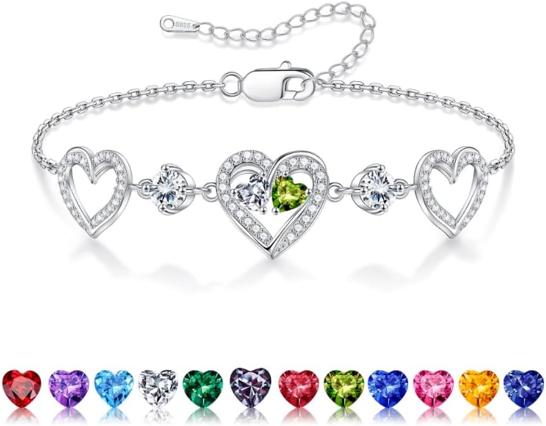 Iefil Valentines Day Gifts for Her - 925 Sterling Silver Heart Birthstone Bracelet Birthday Anniversary Jewelry Gifts for Her Wife