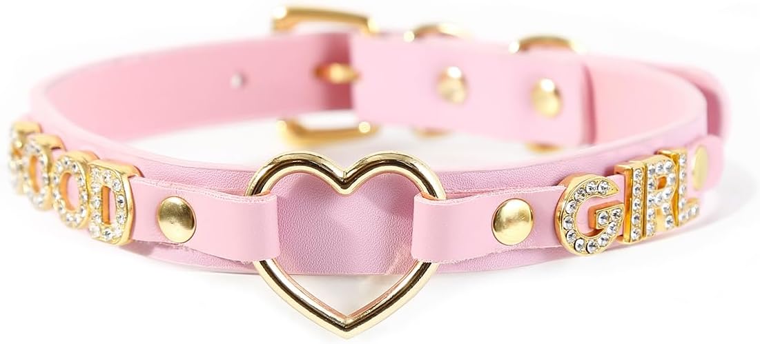 Succuba Handmade Heart Ring Rhinestone Letter Pu Leather Choker Collar Necklace for Women and Men