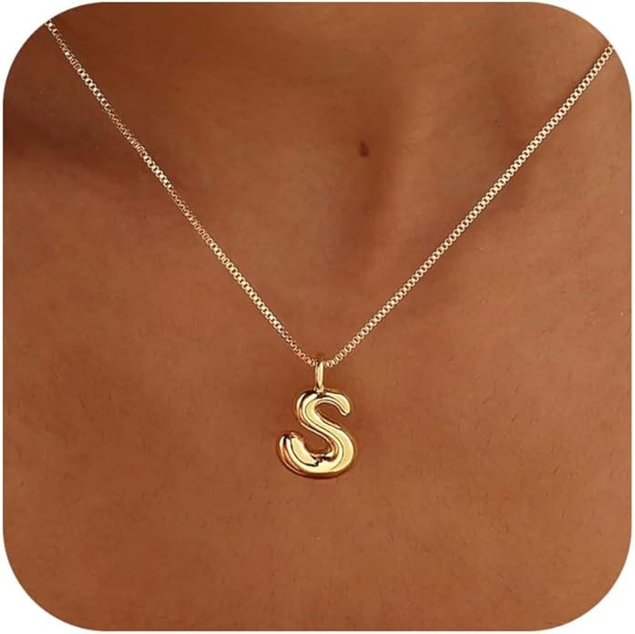 Bubble Gold Silver Letter Necklace Initial Necklaces for Women Trendy 14K Dainty Charm Pendant Name Necklace Personalized Jewelry Gift for Women Teen