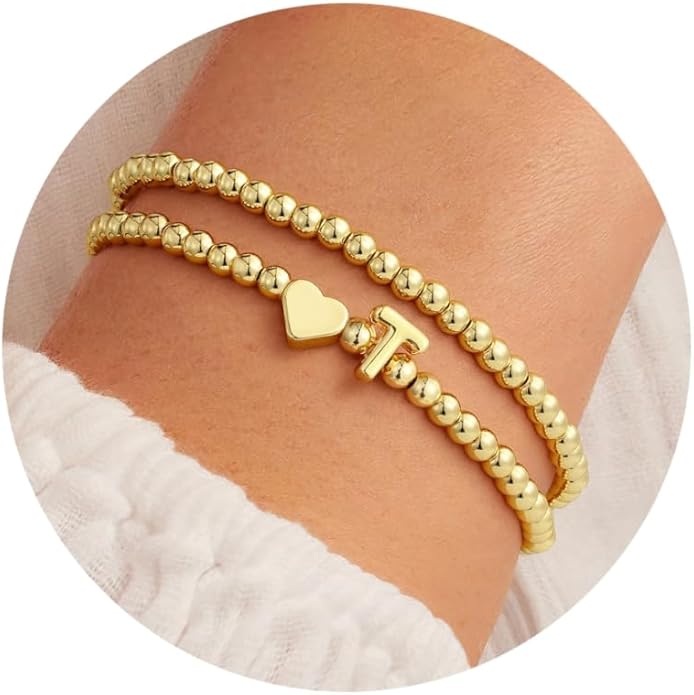 Ursteel Valentines Day Gifts for Her Women - Dainty 14K Gold Plated Beaded Bracelets for Women Trendy Letter A-Z Heart Jewelry Personalized Gifts