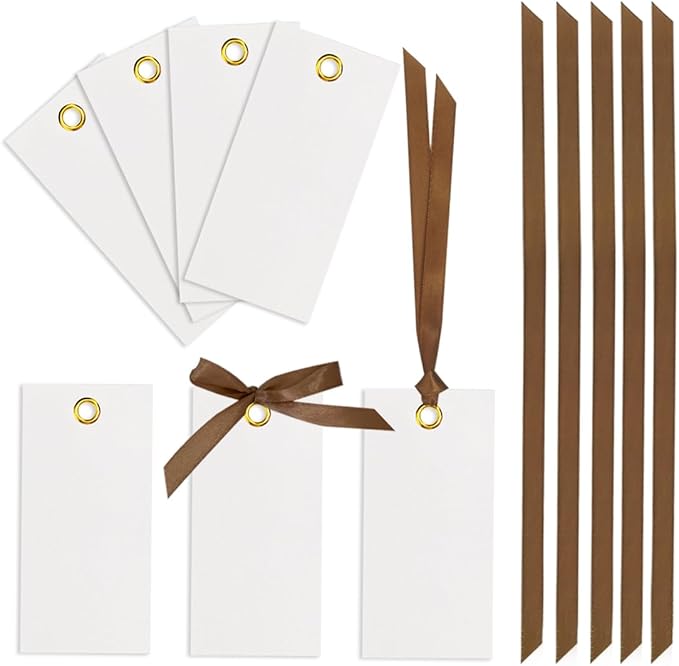 25 Pcs Name Place Cards Blank Seat Card, 2 x 4 in Table Cards with Stain Ribbon, Wedding Place Card, Hanging Tags for Wedding table Setting Reserved Chairs Signs Dinner Banquet Parties.(Brown)