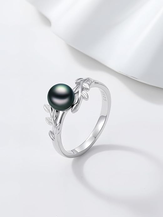 Tahitian Black Pearl AAAA 18K White Gold Plated Sterling Silver Rings for Women Wife Mom Girlfriend Valentine Her Jewelry Gift for Christmas Wedding Anniversary Birthday Graduation