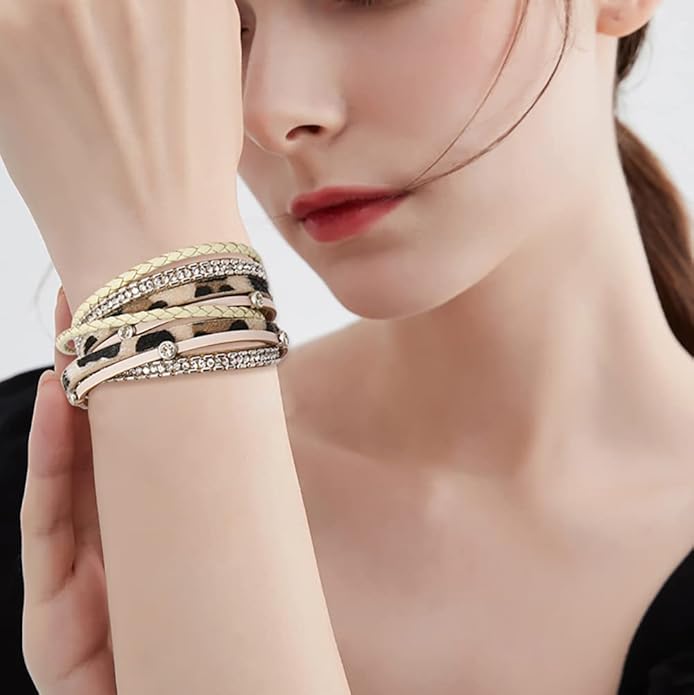 Wowanoo 3Pack Leather Cuff Bracelet Set Multilayer Wrap Bracelet Crystal Feather Tree Bracelet Magnetic Clasp Bracelet for Women